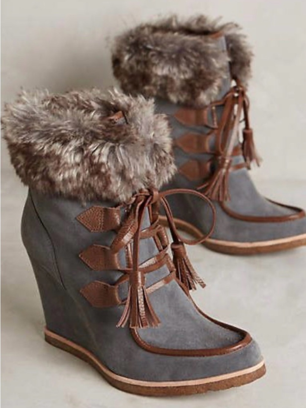 Anthropologie Gray Suede Wedge Booties with Brown Trim and Faux Fur Cuff